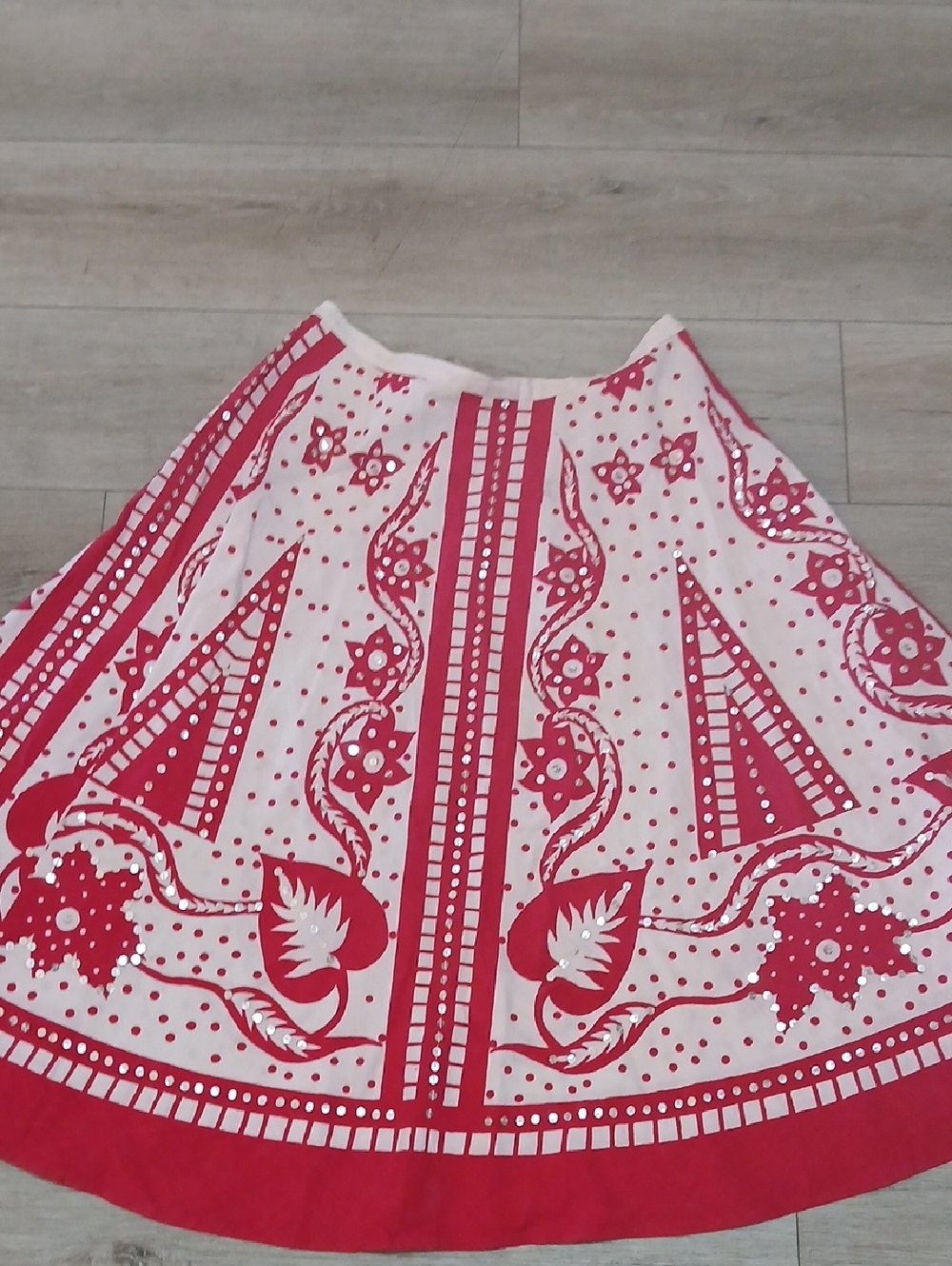 Red & White Y2k Printed Circle Skirt With Gems — Women's Skater Style